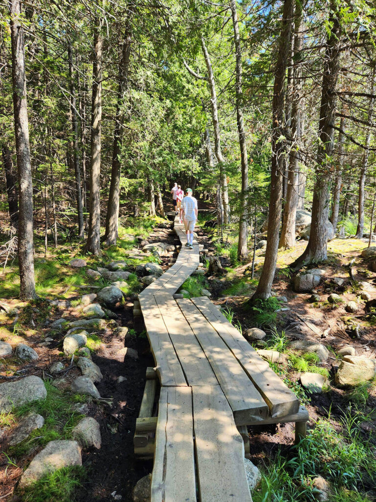 a family walking down a skinny raised wooden boardwalk around Jordan Pond in Acadia National Park
