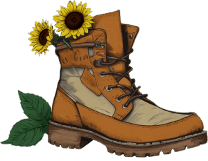 tan hiking boot with two sunflowers inside it