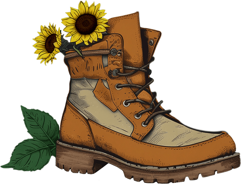 tan hiking boot with two sunflowers inside it