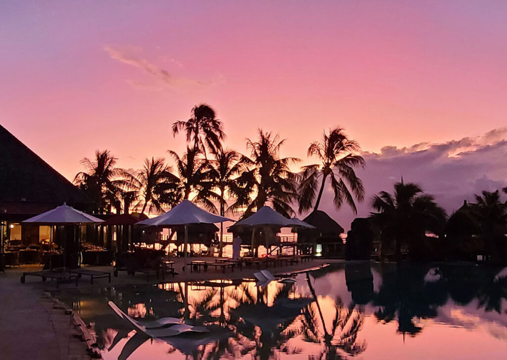 pink and purple sunset reflecting palm trees in the water of a swimming pool in Moorea